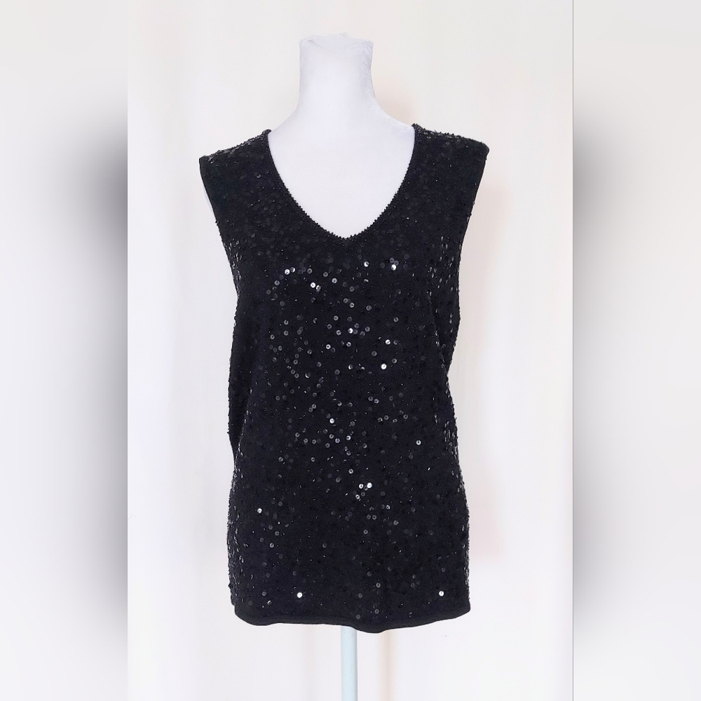Talbots Petites Sleeveless Sequined Knit Top Black Silk Blend Size Large